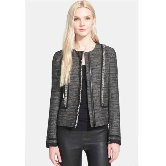 Vince Fringe & Leather Trim Tweed Boucle Jacket Women's Size 10 - Picture 1 of 10